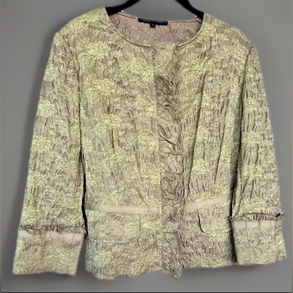 Vintage David Meister Long Sleeve Button Up Evening Jacket Tan/Olive Ruffles 8